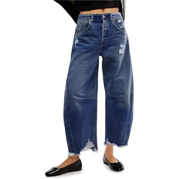 Dark Wash Distressed Wide Leg Baggy Barrel Jeans High Rise Y2K Grunge Streetwear - Picture 1 of 7
